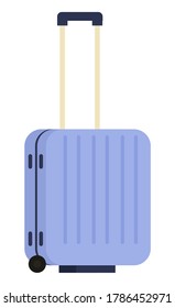 Suitcase on wheels, isolated object vector. Baggage or luggage, summer vacations abroad, journey or trip, leather bag with handle, pockets on zipper. Journey package, business travel bag. Flat cartoon