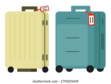 Suitcase on wheels, isolated object vector. Baggage or luggage, summer vacations abroad, journey or trip, leather bag with handle, pockets on zipper. Journey package, business travel bag. Flat cartoon