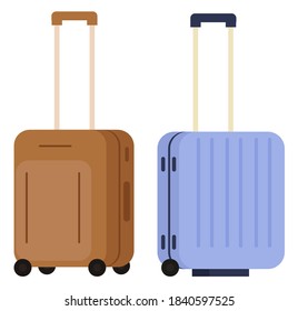 Suitcase on wheels, isolated object vector. Baggage or luggage, summer vacations abroad, journey or trip, leather bag with handle, pockets on zipper. Journey package, business travel bag. Flat cartoon