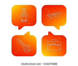 Suitcase on wheels, key and airplane icons. Briefcase linear sign. Orange Speech bubbles with icons set. Soft color gradient chat symbols. Vector