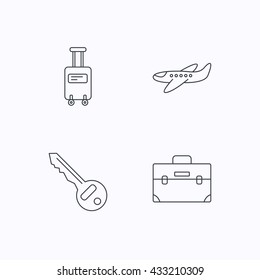Suitcase on wheels, key and airplane icons. Briefcase linear sign. Flat linear icons on white background. Vector