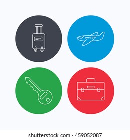 Suitcase on wheels, key and airplane icons. Briefcase linear sign. Linear icons on colored buttons. Flat web symbols. Vector