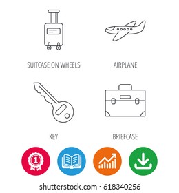 Suitcase on wheels, key and airplane icons. Briefcase linear sign. Award medal, growth chart and opened book web icons. Download arrow. Vector