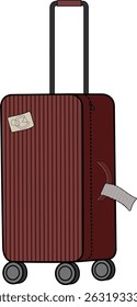 Mala sobre rodas com etiquetas, bagagem no aeroporto. Ilustração de vetor simples 