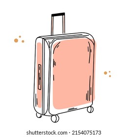 Suitcase on wheels, line, hand drawn doodle style. Suitcase, baggage, travel bag. Vacation, travel, holiday concept. Vector trendy illustration. Cartoon style. Flat design