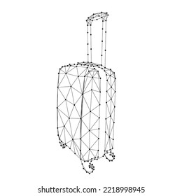 Suitcase on wheels, luggage bag from abstract futuristic polygonal black lines and dots. Low poly concept. Vector illustration.