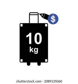 Suitcase on wheels with tag sign. Ten kilograms for an additional dollar price.