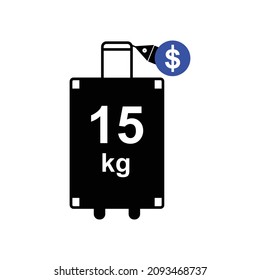 Suitcase on wheels with tag sign. Fifteen kilos for an additional dollar price.