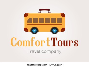 Suitcase on the wheels. Vector tourist bus logo. Traveling icon isolated