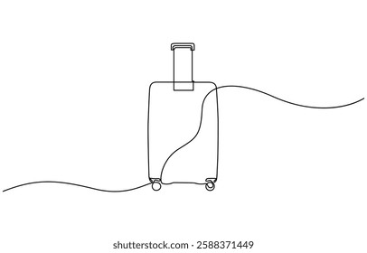 Suitcase one continuous line art. Luggage drawing travel symbol, Single one line drawing of case, luggage bag with wheels isolated on white background.