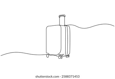Suitcase one continuous line art. Luggage drawing travel symbol, Single one line drawing of case, luggage bag with wheels isolated on white background.