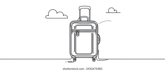 Suitcase one continuous line. Suitcase on wheels for travel one line. Travel bag linear icon.One line drawing of a suitcase