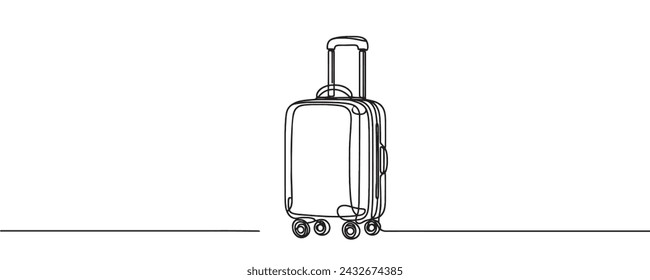 Suitcase one continuous line. Suitcase on wheels for travel one line. Travel bag linear icon.One line drawing of a suitcase