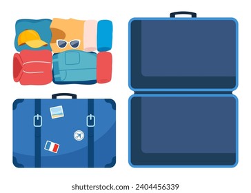 Suitcase, open and closed, ready for packing. Front and top view. Preparing for the trip. Packed clothes for travel. Clothing, footwear and accessories. Personal belongings. Vector illustration