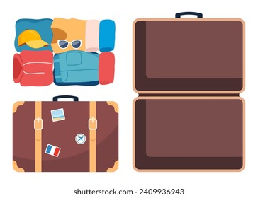 Suitcase, open and closed, ready for packing. Front and top view. Preparing for the trip. Packed clothes for travel. Clothing, footwear and accessories. Personal belongings. Vector illustration