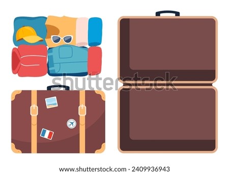 Suitcase, open and closed, ready for packing. Front and top view. Preparing for the trip. Packed clothes for travel. Clothing, footwear and accessories. Personal belongings. Vector illustration