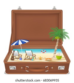 suitcase open with sea and beach scene in side