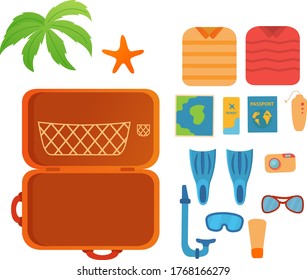 The suitcase is open. A set of luggage for traveling. Fins, camera, glasses, passport, airline tickets, palm trees and starfish.