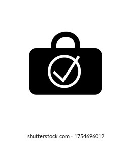 Suitcase outline vector icon. Handbag. Traveling concept. Tourism element. Tick box. Journey sign. Right choice symbol. Tour trip. Flat simple line design illustration.