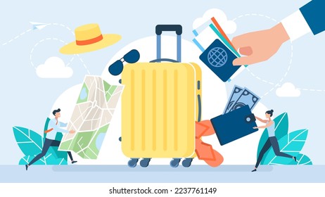 Maleta con ropa para llevar para viajar. Pasaporte, ropa, gafas de sol, boletos, chanclas, mapa, dinero y accesorios. Embalaje de equipaje para viajes. Muchas cosas. Ilustración de dibujos animados planos vectoriales