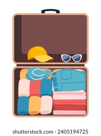 Suitcase with packed clothes for travel in top view. Clothing, footwear and accessories. Personal belongings in luggage, going on vacation, journey or business trip. Vector illustration