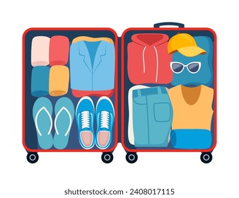 Suitcase with packed clothes for travel in top view. Clothing, footwear and accessories. Personal belongings in luggage, going on vacation, journey or business trip. Vector illustration