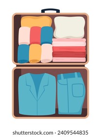 Maleta con ropa para llevar para viajar a la vista superior. Ropa, calzado y accesorios. Bienes personales en el equipaje, en vacaciones, viaje o viaje de negocios. Ilustración del vector