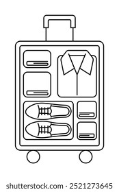 A suitcase packed with neatly folded clothes and shoes. Ideal for travel, packing tips, vacation preparation, organization, and minimalist packing. Simple line art style.