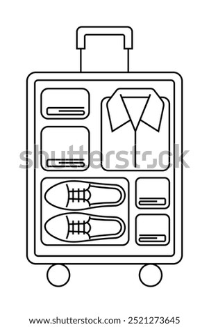 A suitcase packed with neatly folded clothes and shoes. Ideal for travel, packing tips, vacation preparation, organization, and minimalist packing. Simple line art style.