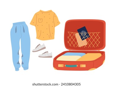 Koffer-Verpackung. Gehen Sie zu Fuß. Offener Koffer voller Habe und geschlossener Koffer im alten Stil. roter Koffer für Reise- und Geschäftsreisen, Reise oder Urlaub einzeln. Flache Vektorgrafik. 
