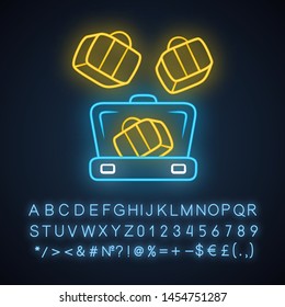 Suitcase packing, organising cubes neon light icon. Organizer for baggage, luggage packing. Compression, space bags. Glowing sign with alphabet, numbers and symbols. Vector isolated illustration