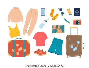 Suitcase Packing set. Travel,tourism,vacation,relocation. Suitcase and lots of clothes. Going to trip. Red suitcase for travel and business trips, voyage or vacation isolated. Flat vector illustration