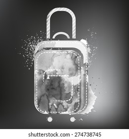 Suitcase painted with splashes of chalk drops streaks landmarks drawing with chalk on blackboard. Watercolor travel suitcase on black background. Watercolor Suitcase