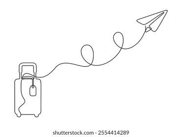 Suitcase and paper airplane continuous line drawing. Vacation with luggage and travel baggage concept in simple linear style. Air trip and journey banner. Vector illustration