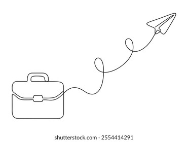 Suitcase and paper airplane continuous line drawing. Vacation with luggage and travel baggage concept in simple linear style. Air trip and journey banner. Vector illustration