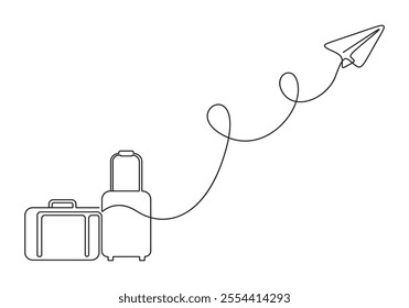 Suitcase and paper airplane continuous line drawing. Vacation with luggage and travel baggage concept in simple linear style. Air trip and journey banner. Vector illustration