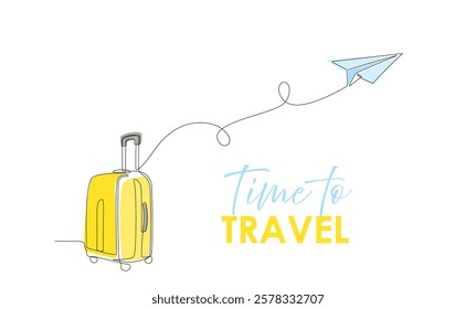 Suitcase with Paper plane flying up and lettering in Continuous one line style. Single line travel drawing of yellow case, luggage bag with wheels isolated on white background Editable stroke vector