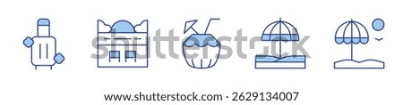 suitcase, parasol, beach, sun umbrella, coconut drink. Vacation Icon vector illustration. Line Duotone style. Editable stroke.