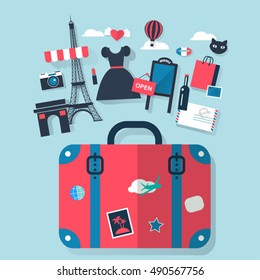 Suitcase in Paris tourism concept image. Flat vector icons for vacation