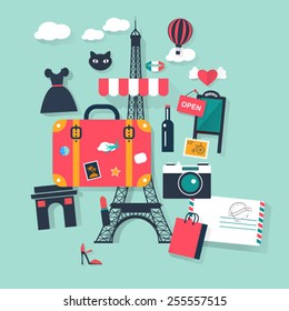 Suitcase in Paris tourism concept image.Vacation flat vector french icons