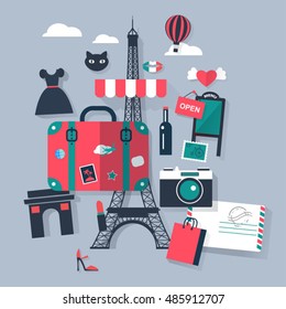 Suitcase in Paris tourism concept image.Vacation flat vector french icons