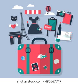 Suitcase in Paris tourism concept image.Vacation flat vector icons