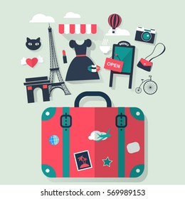 Suitcase in Paris tourism concept image.Vacation flat vector icons