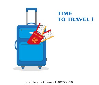 Suitcase With Pasport And Travel Tickets On White Background. Time To Travel Concept Vector Illustration.