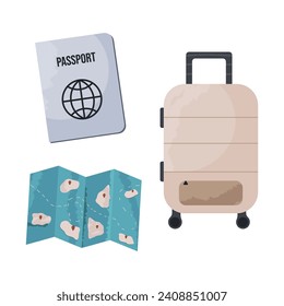 Suitcase with passport and map. Vacation concept. Vector illustration