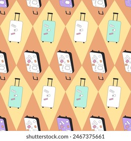 Suitcase pattern featuring colorful luggage with travel stickers on rhombus peach and yellow background. Travel theme endless background. Vector y2k outline illustration.