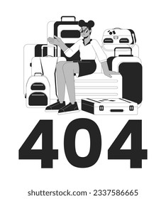 Suitcase pile sunglasses cool girl black white error 404 flash message. Woman on luggage bags. Monochrome empty state ui design. Page not found popup cartoon image. Vector flat outline illustration