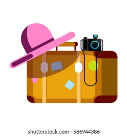 Suitcase with pink wide hat and photo camera isolated on white background. Summer vacation poster with travelling accessories vector illustration in flat style design. Happy holidays elements