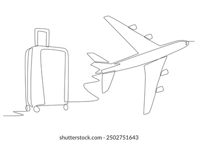 Suitcase and plane. Holiday travel concept one-line drawing