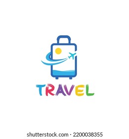 Suitcase with plane, sun and beach ocean Travel logo icon sign symbol modern design vector illustration